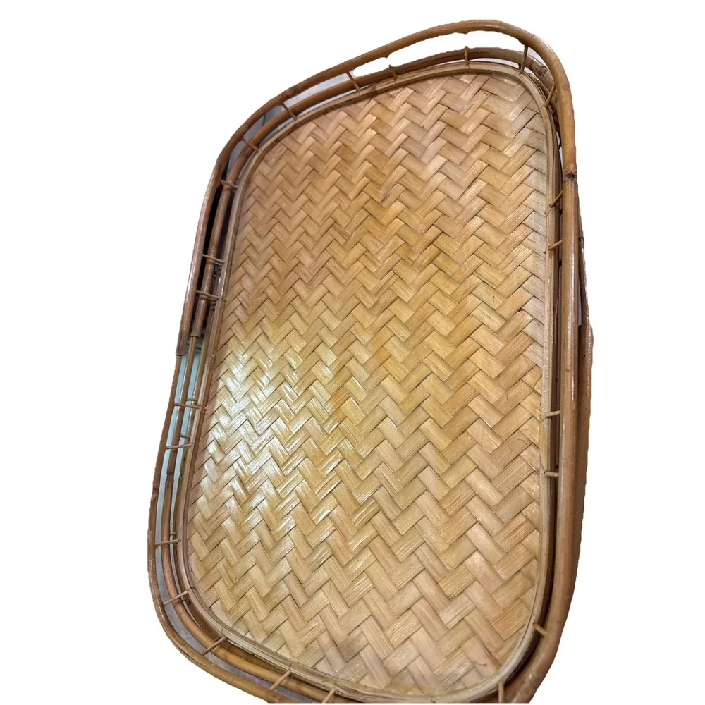 Vintage Set‎ 4 Bamboo Rattan Serving Trays Stacking Woven Wicker Tiki Large 19